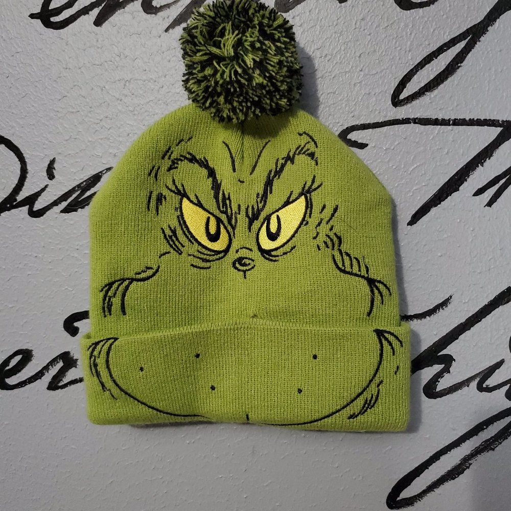 Grinch Face Marled Knit Beanie with Pom, Unisex
